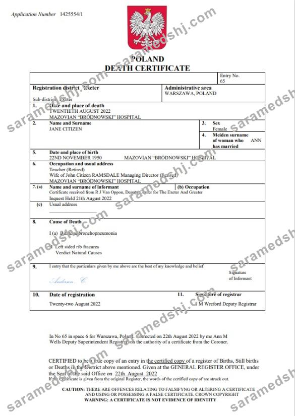 Poland death certificate Word and PDF template